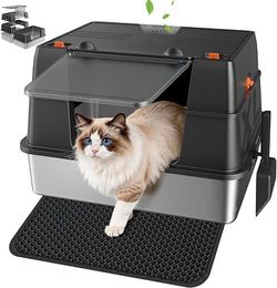 Stainless Steel Litter Box with Lid, High Sided Enclosed Metal Litter Box for Big Cats, Easy Cleaning Anti-Urine Leakage, Non-Sticky Cat Box, Front En