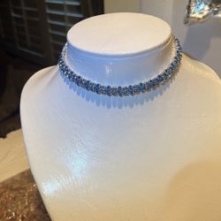 Vintage Aqua, Blue, Baguette, Rhinestone Bib, Choker Necklace