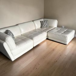 Modular White Genuine Leather Sectional Sofa with Ottoman