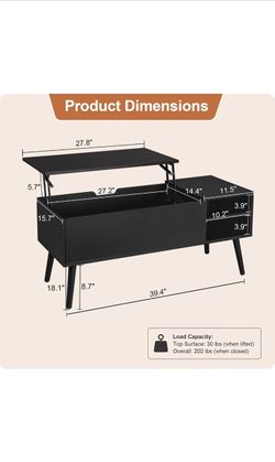 Black Lift Top Coffee Table with Hidden Storage Compartment, Solid Wood Legs & Open Shelves - 40" Pop Up Coffee Tables for Living Room