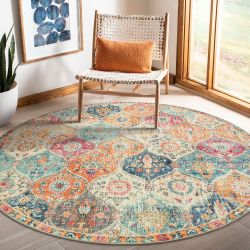 Round Multicolor Boho Floral Area Rug