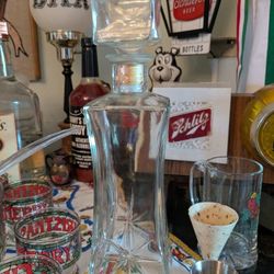 Mid Century/Vintage Space Age, Atomic Starburst Etched Booze/Alcohol Decanter With Cork Glass Lid Barware