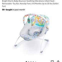 Bright Starts Baby Bouncer Soothing Vibrations Infant Seat - Removable -Toy Bar, Nonslip Feet, 0-6 Months Up to 20 lbs (Safari Fun)