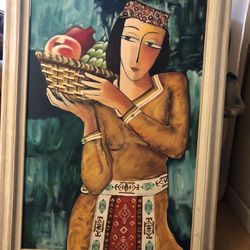 ORIGINAL PAINTING OIL ON CANVAS SIGNED BY ARTIST, THEME: ARMENIAN WOMAN FRUIT ARMENIA, with frame measurement is 30 ”by 43”, FRAMED ART