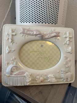 Vintage Russ Berrie Baby's Baptism porcelain photo frame.