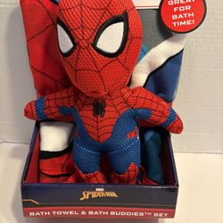 Marvel Spiderman Bath Towel 25”x50” & Sponge Set  - Bath Buddy 4”x12”