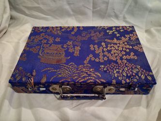 Blue Brocade Fabric Jewelry Box with Latch