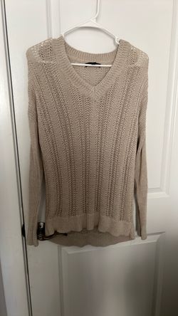 Beige Open-Knit V-Neck Sweater