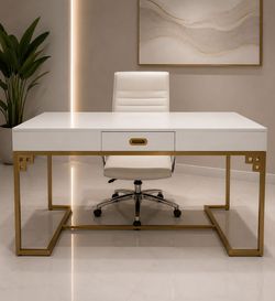 White and Gold Office Desk with Drawer