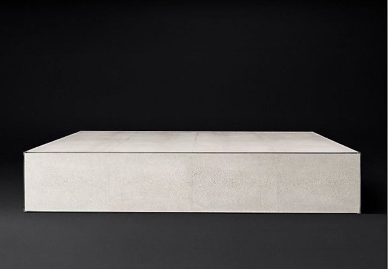RH SAUNDERSON SHAGREEN PLINTH 72” COFFEE TABLE • DOVE • BRUSHED LIGHT PEWTER