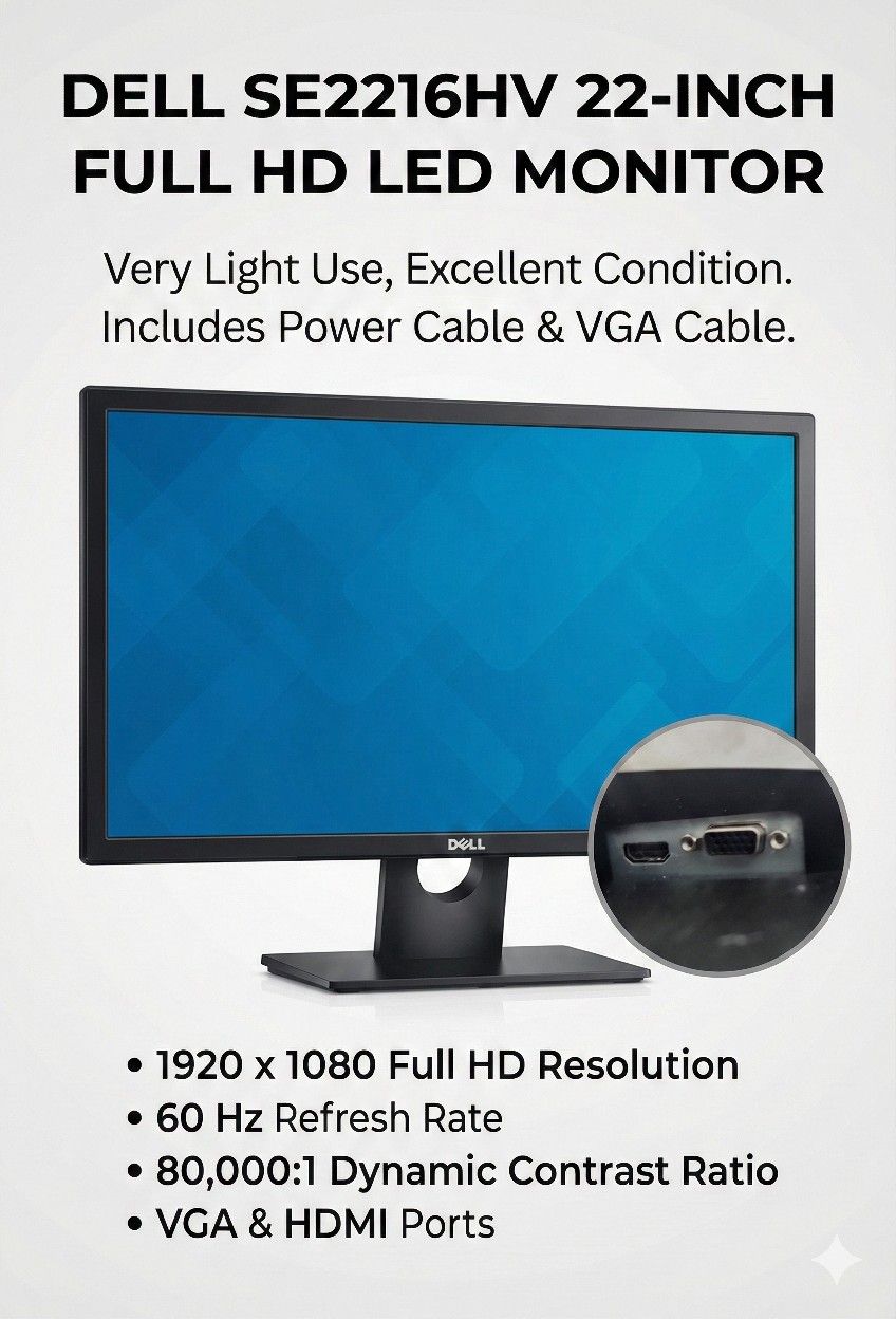 Dell SE2216HV 22-Inch Full HD LED TFT Monitor - 1920 x 1080 - 60 Hz - 80000