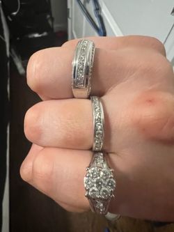 Diamond Bridal Ring Set 14K White Gold – Matching 3 Ring Set – Receipt Included