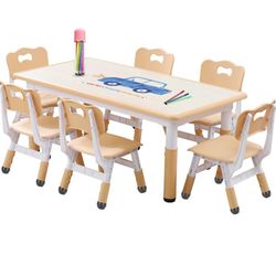 Kids Table and Chairs Set, Height Adjustable Desk With 6 Seats for Ages 3-12,Arts & Crafts Table,Graffiti Desktop, Non-Slip Legs, Max 300lbs, Children