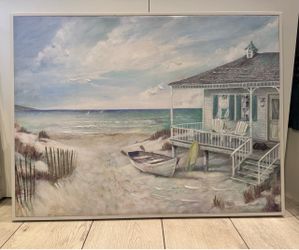 Large Framed Beach Cottage Canvas Painting