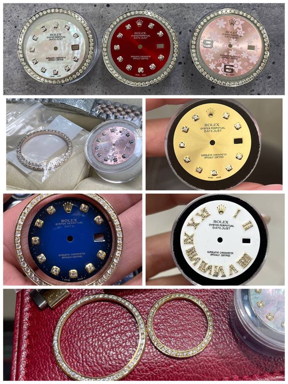 Rolex Diamond bezel dial Roman blue green red dial iced out Bussdown 18k gold VVS exotic pave baguettes rose yellow white gold stainless steel