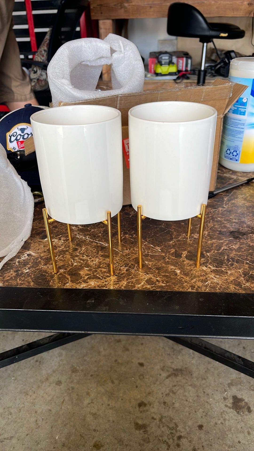 2 Ceramic Pots With Gold Toned Stand