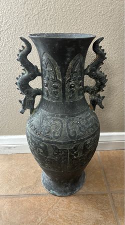 Vintage Chinese Archaistic Bronze Vase with Twin Dragon Handles & Taotie Mask