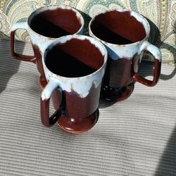 VINTAGE BLUE DRIP GLAZE REDWARE IRISH COFFEE MUGS SET OF THREE