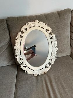 Vintage Syroco - Style Oval Wall Mirror with a White Washed Floral Frame