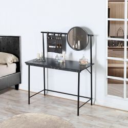 Homy Casa Looney 43.3" Compact Round Mirror Desk Vanity, Marble Finish