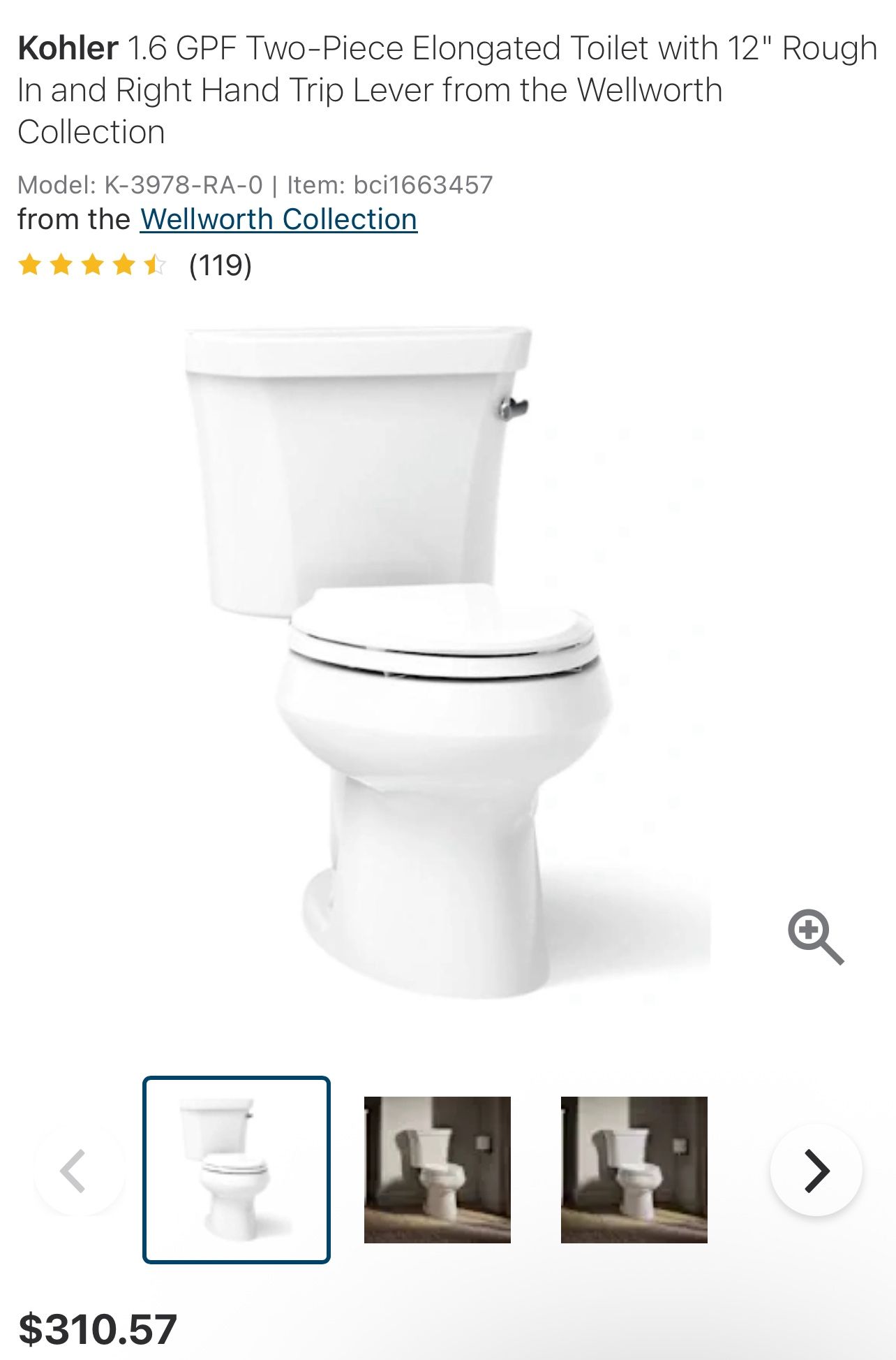 New Kohler Elongated Toilet