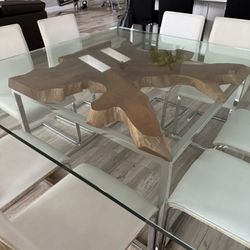 Modern Glass Dining Table with Solid Wood Base
