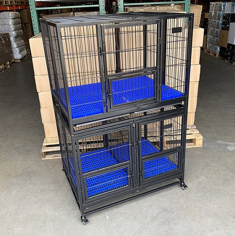 Brand New $370 Stacking Dog Cage (Set of 2) Heavy Duty 41x31x65” Crate Kennel w/ Plastic Tray, Wheels