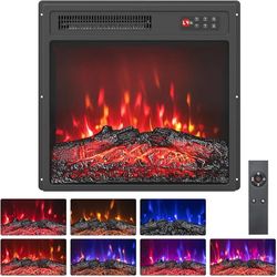 18 Inch Electric Fireplace Heater, Recessed Fireplace Insert with 7-Color Dimmable Flame, 750W/1500W Heating, 8H Timer, Overheat Protection & Remote C
