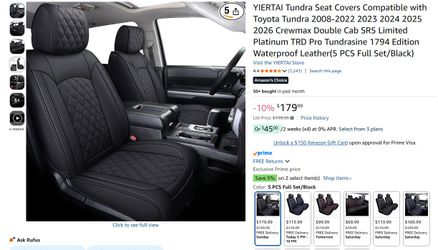 Toyota Tundra 2008-2026 Yiertai Seat Covers *Full Set* PU Leather Black