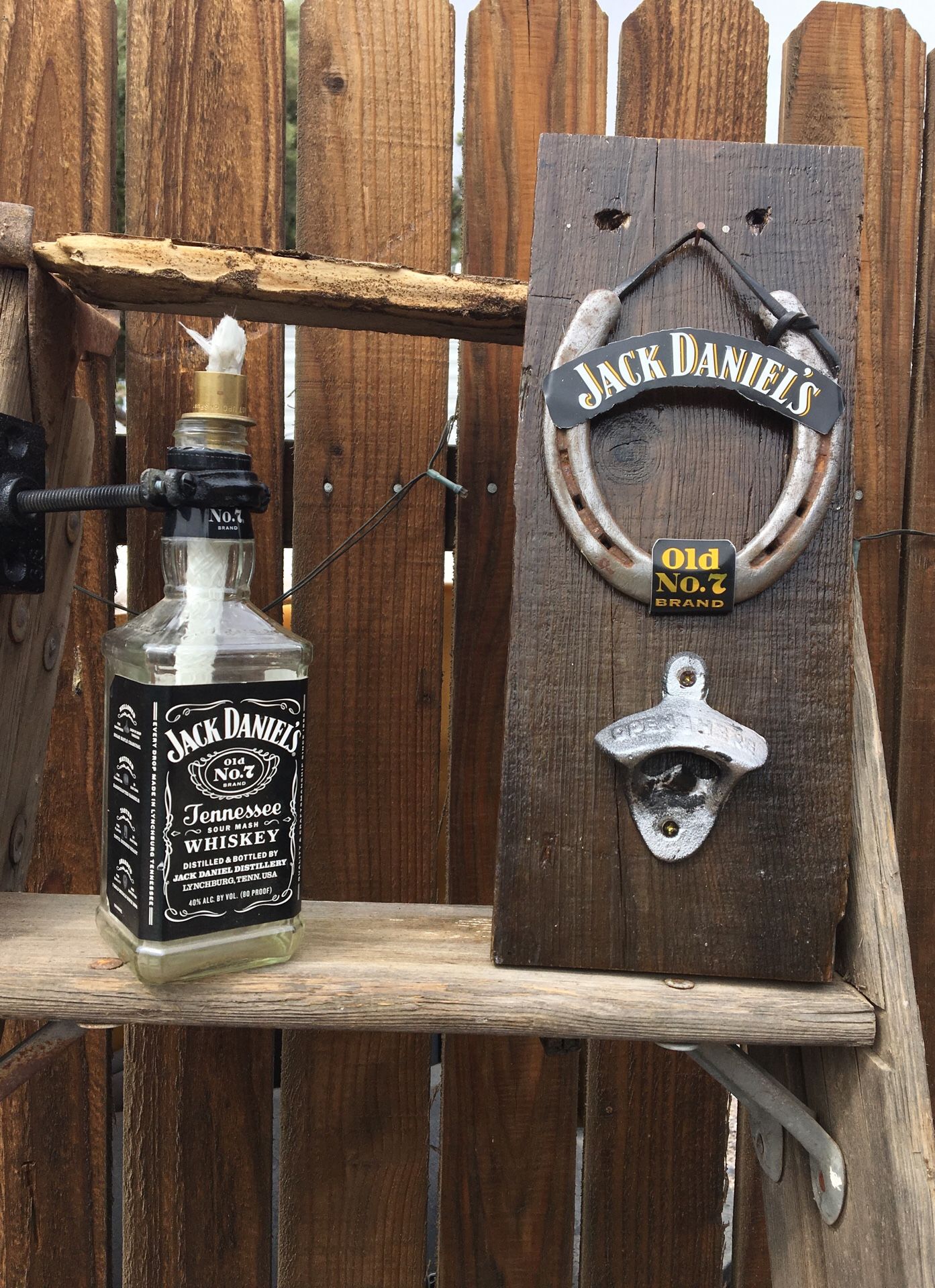 Rustic Jack Daniels Tiki torch and bottle opener