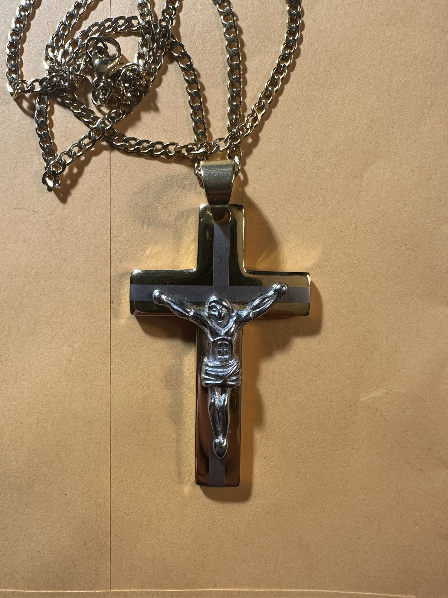 Stainless Steel And Sterling Silver Cross Necklace