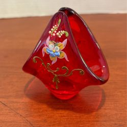 Bonsai tree and Ruby Red art Glass Gilded With Flowers Clear Bottom Not Sure If It’s Mariano 4“ X 4“ A10