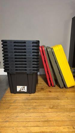 HDX plastic totes 27 gallon with lid 11 total