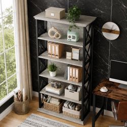 70.9 in. Tall Gray Wood 5-Shelf Etagere Bookcase with Metal Frame for Home Office.