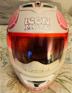 Icon Moto Full-Face Motorcycle Helmet size medium comes with women’s icon pink&black gloves size large