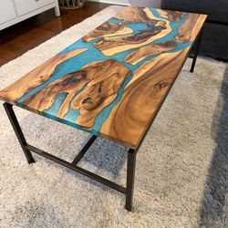 Beautiful custom coffee table with solid wood slab top, turquoise epoxy river design