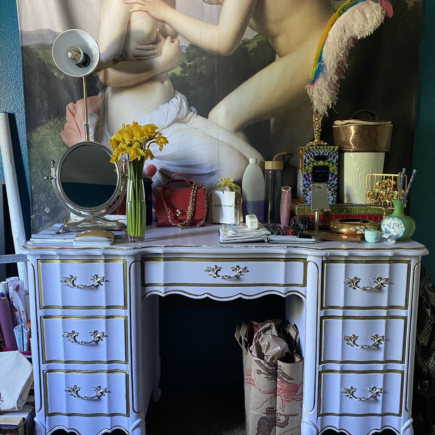 French Rustic Cottage Chic Lavender Gold Handpainted Desk