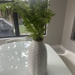 Crate & Barrel White Textured Vase with Greenery