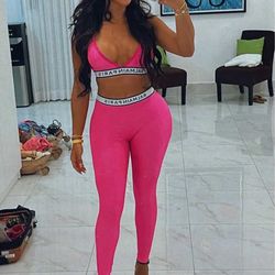Balmain Paris Logo Bra & Legging Set - Hot Pink 