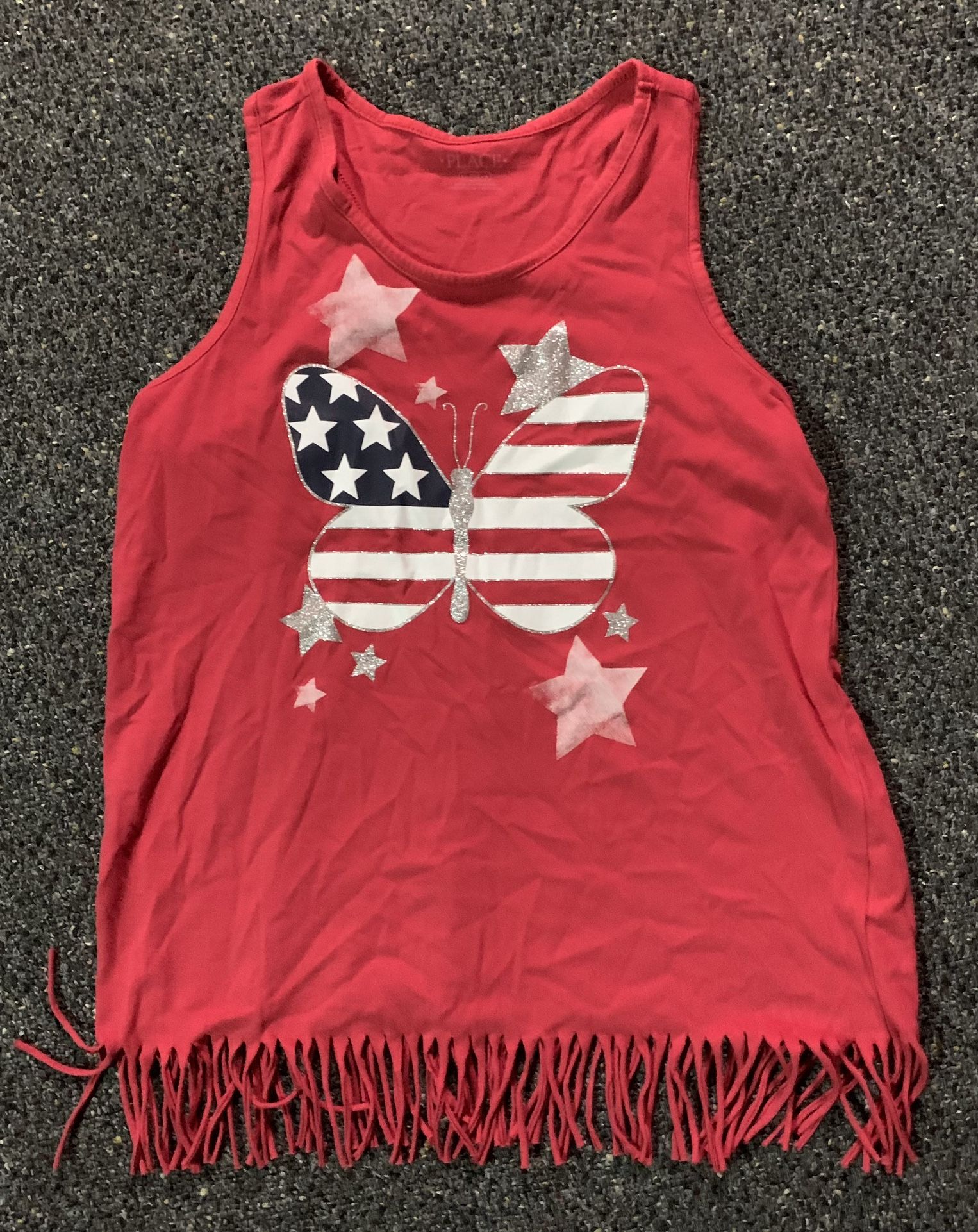 Girls size 16 fourth 4th of July shimmery silver butterfly heart flag fringed tank top shirt