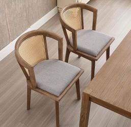 New-Kmax Modern Rattan Dining Chair Set of 2 Farmhouse Semi Barrel Dining Room Chair Wooden Upholstered Chair Oak Finish for Kitchen, Walnut/Grey Seat
