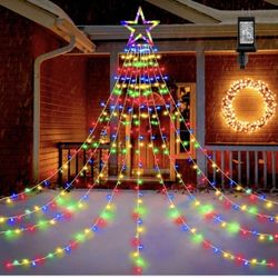 Outdoor Christmas Decorations, 317 LEDs Christmas Lights with 9 Strands 11.9ft Waterfall Christmas Tree Lights, 8 Modes, Waterproof, Topper Star & Tim
