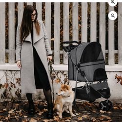 3 Wheel Folding Pet Dog Stroller, Foldable Lightweight Trolley with Storage Basket, Cup Holder and 360° Rotating Front Wheel for Small Medium Dogs, Gr