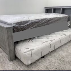 Twin Twin Pine Solid Wood Bed With Trundle And Both Mattresses Included 