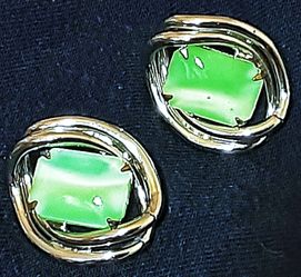 1.25" x 1" chrome silver mid century modern clip on earrings with Celadon green glass stone