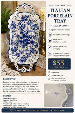 Vintage Italian Blue & White Porcelain Tray | Ornate Floral Serving Tray