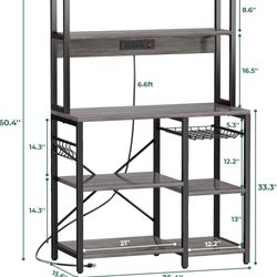 SUPERJARE Bakers Rack with Power Outlet, 35.4 Inches Coffee Bar with Wire Basket, Kitchen Microwave Stand with 6 S-Shaped Hooks, Open Storage Shelves,