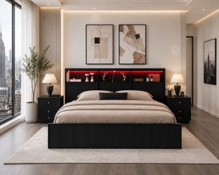 🚨 King  Size Bed Frame with Headboard Lights and bookcase storage, new  L-20