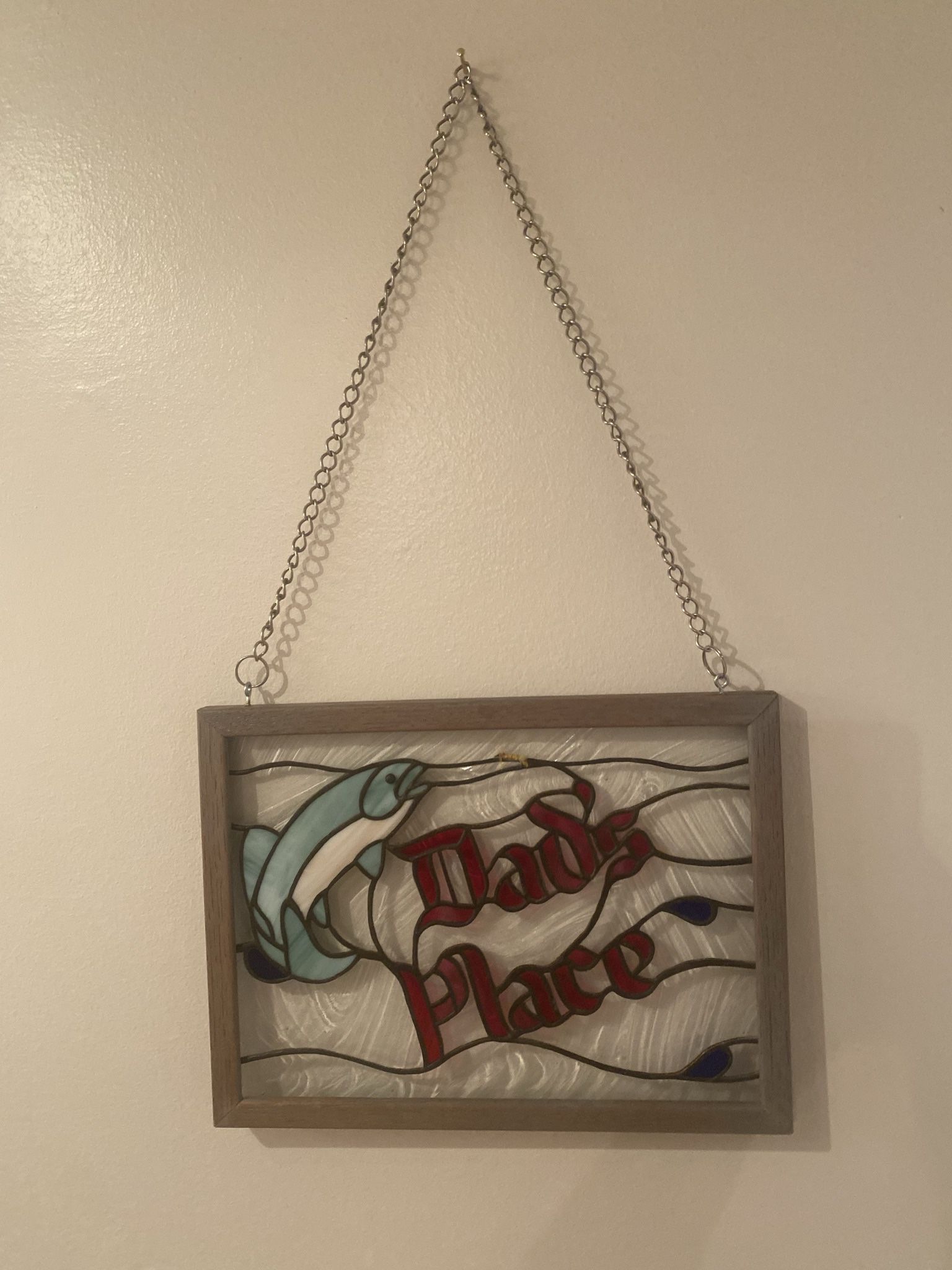 Dads Place- Custom Stained Glass Fish & Hook 15"FLY FISHING-