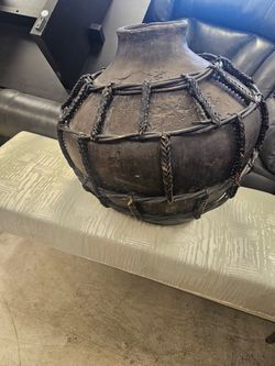 Large Dark Clay Pot with Woven Rattan Wrap
